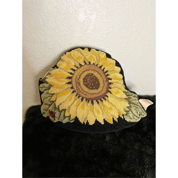 Katha Diddel Needlepoint Pillow Sunflower/Ladybug Wool/Velvet Back - Picture 1 of 5